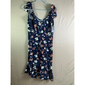 Drimmaks Navy Floral Tie Shoulder V-Neck Ruffle Mermaid Midi Dress Womens M NEW